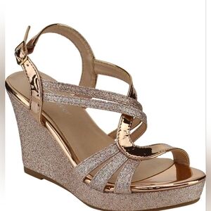 US 8 Forever Link Rose Gold Glitter Wedge Sandals